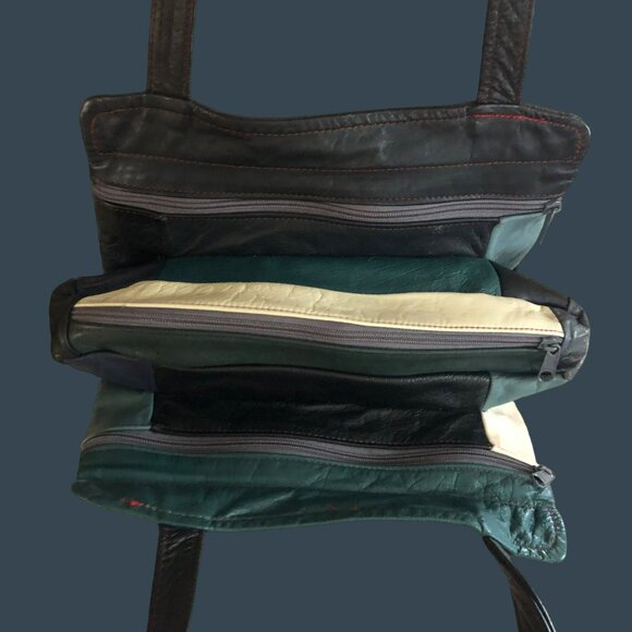 Leather Shoulder Bag Multi-Color Patchwork W/Zippered Pockets VTG - Picture 3 of 6